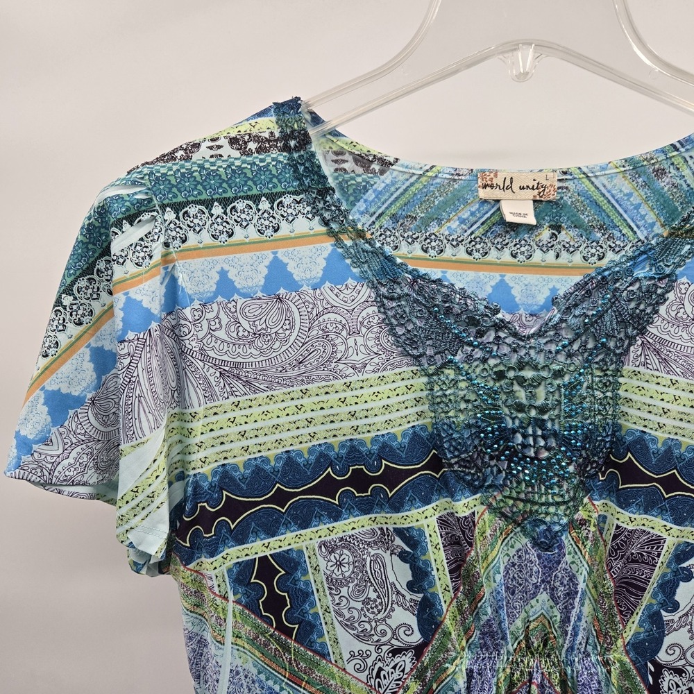 World Unity Blue Green Purple Women's Paisley Blouse Blue Rhinestone Size L